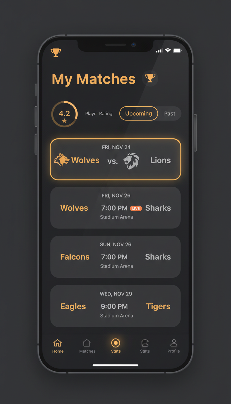 Arena app My Matches screen