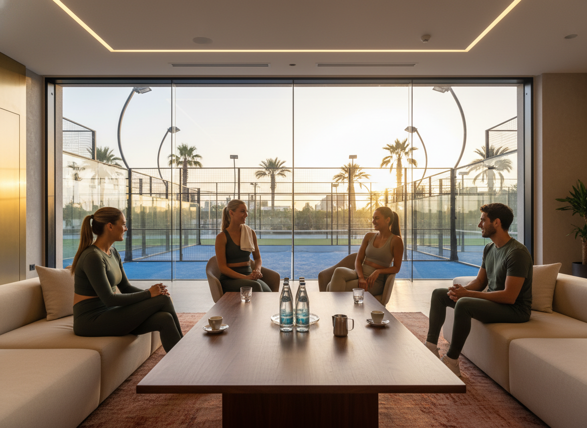 Premium lounge area with padel court view