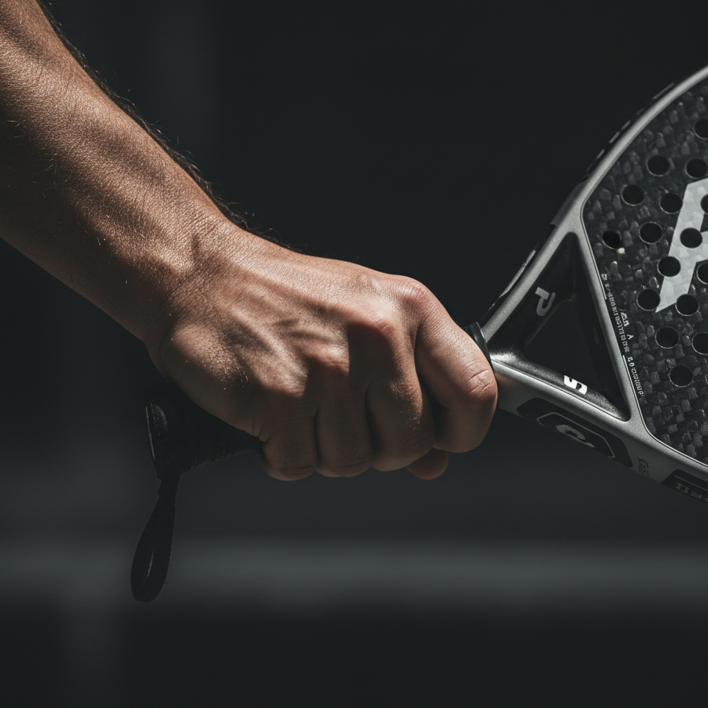 Hand gripping padel racket